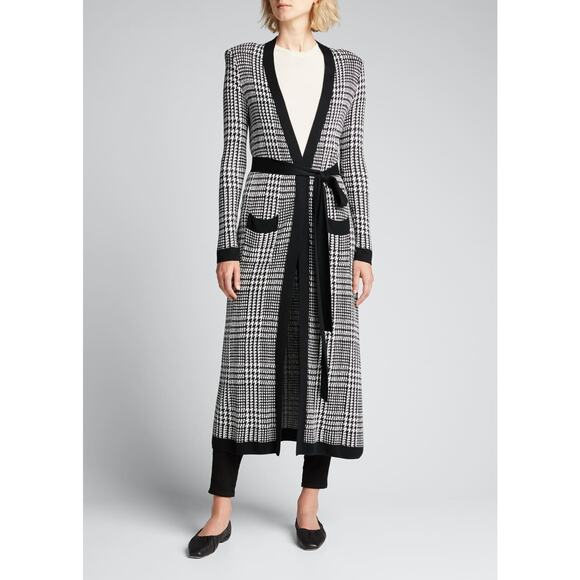 L’AGENCE Adeline Belted Long Cardigan Sz XS duster Black Grey Houndstooth #2G507 - Picture 1 of 12